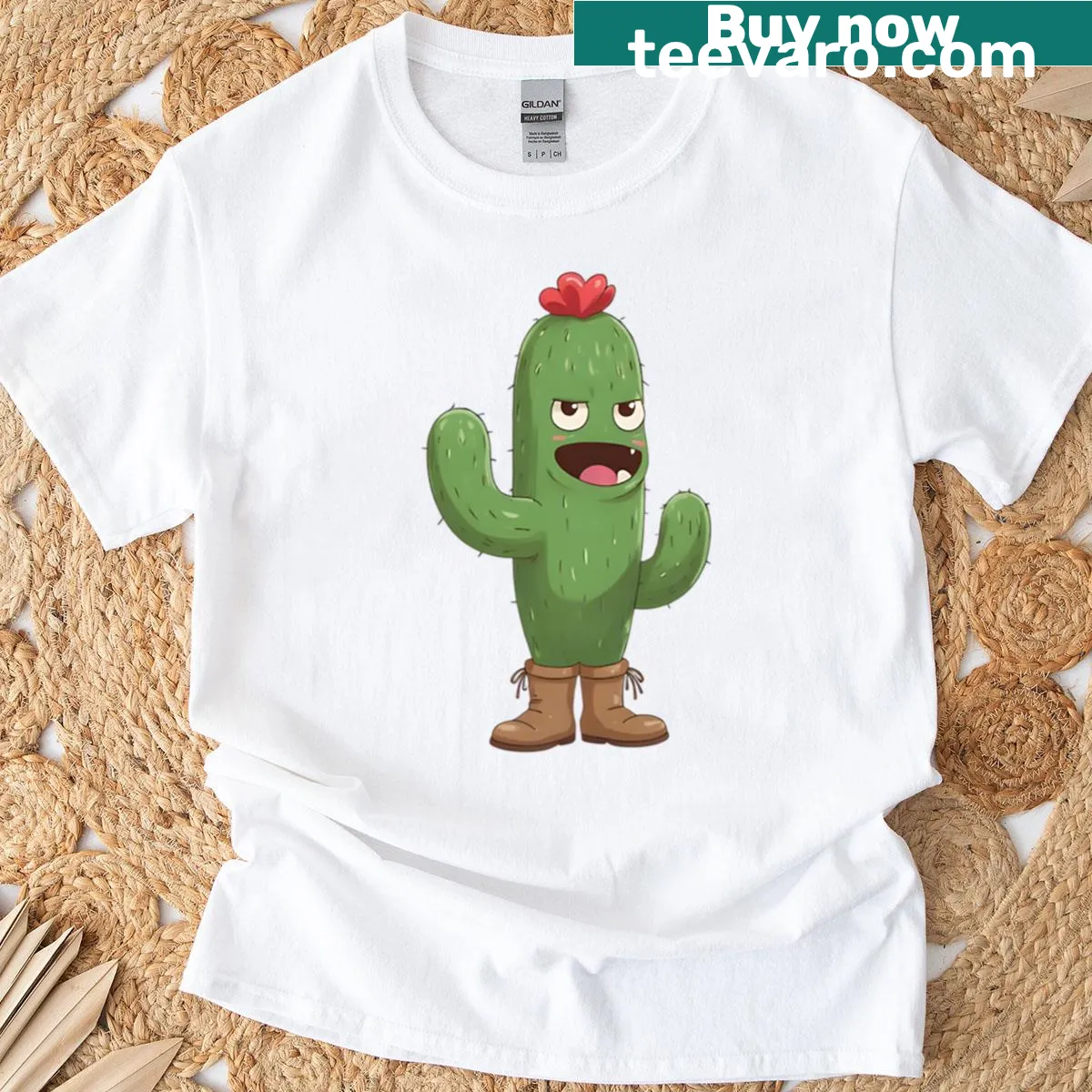 Cartoon cactus in boots on an oversized t-shirt — on a men's t-shirt