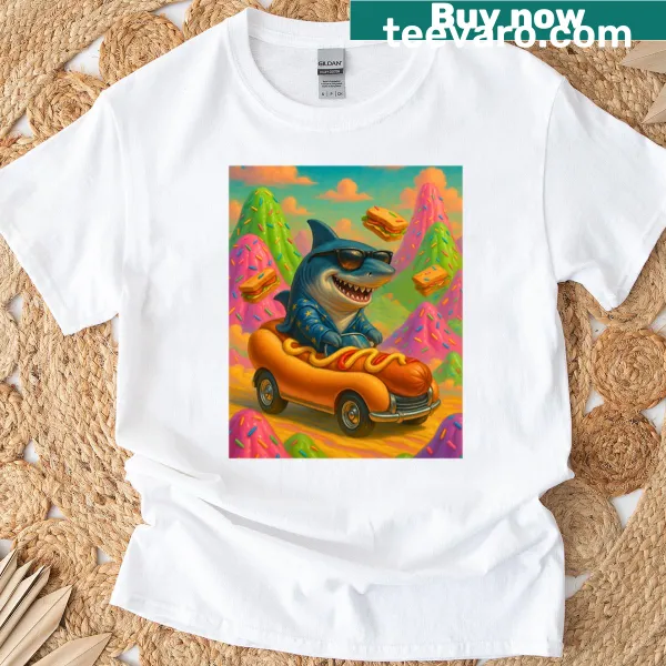 Surreal T-shirt featuring a shark in a hotdog car and jelly mountain