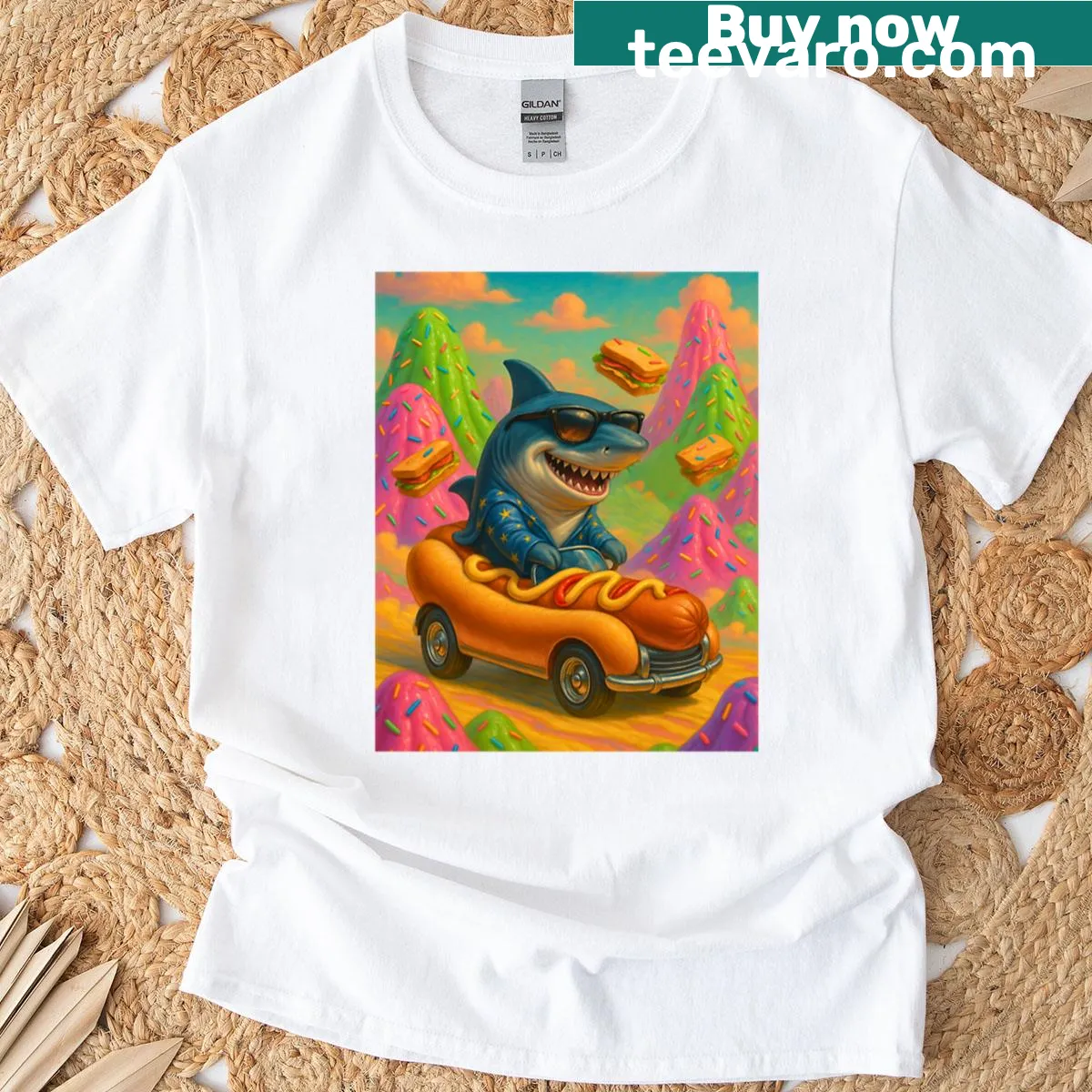 Surreal T-shirt featuring a shark in a hotdog car and jelly mountain — on a men's t-shirt