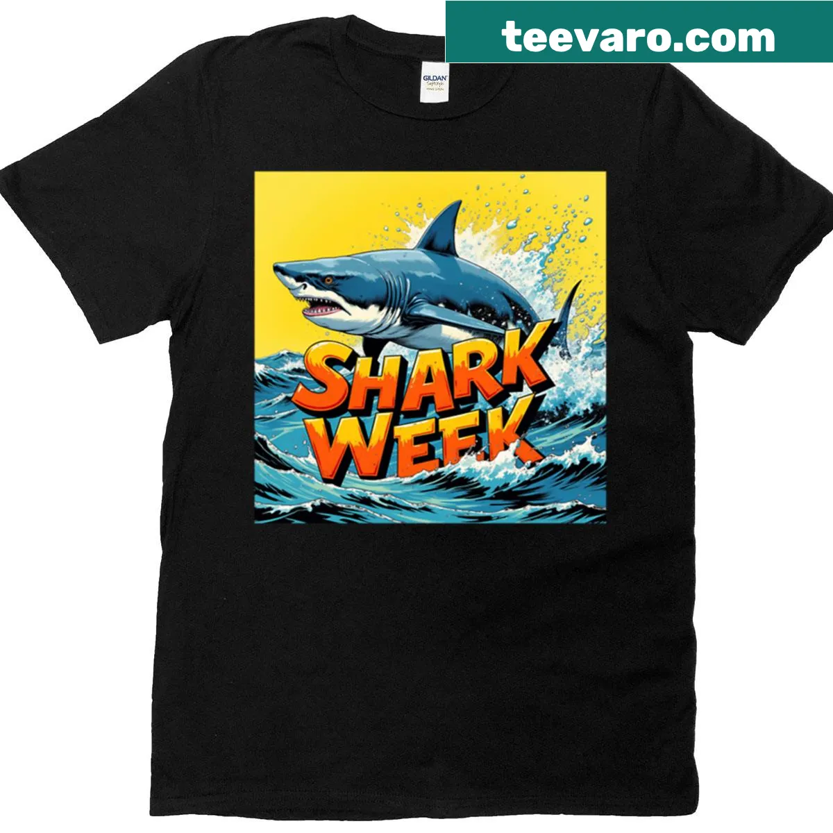 Comic book style shark splashing in ocean waves design — on a men's t-shirt