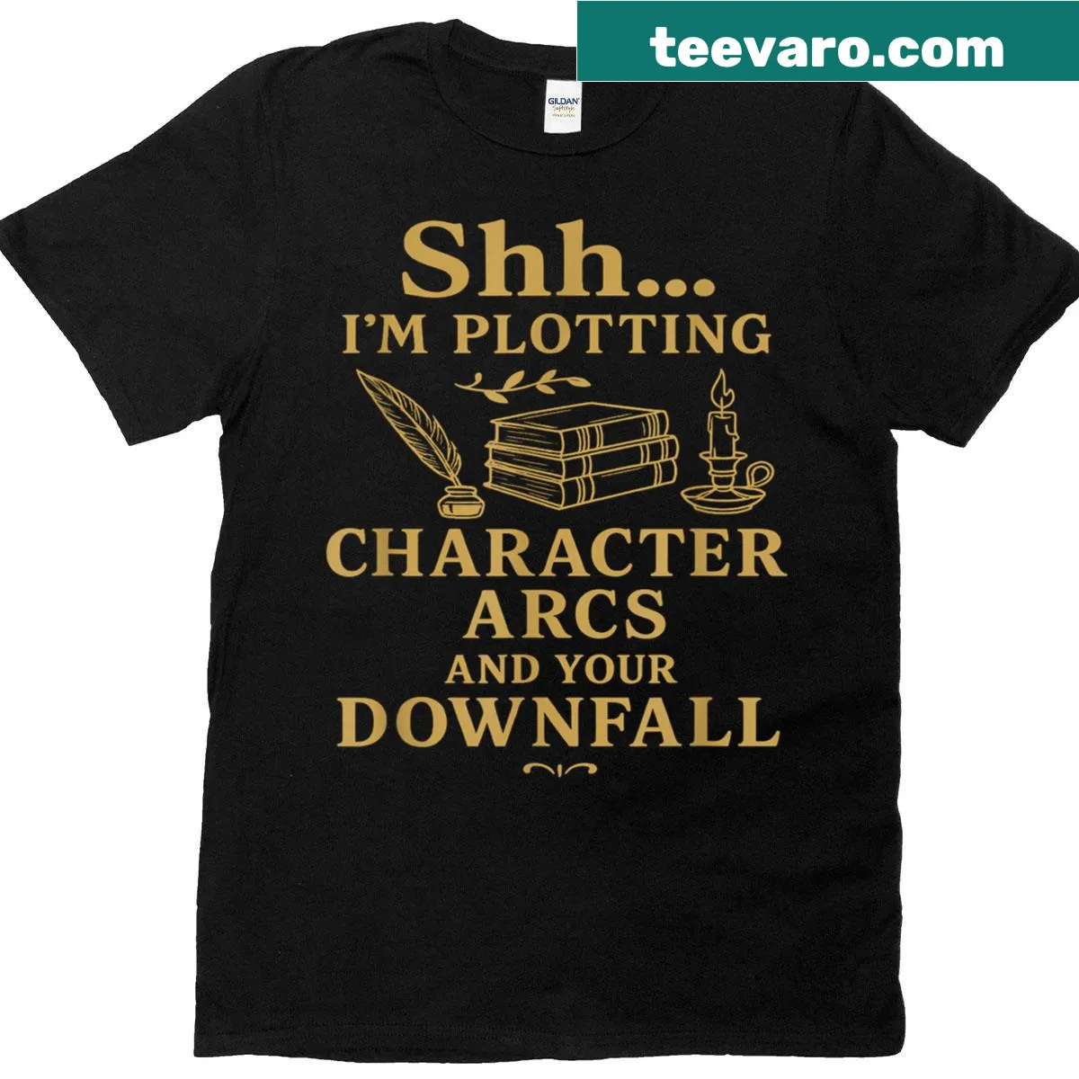 Text graphic tee for writers with humorous character arcs quote — on a men's t-shirt