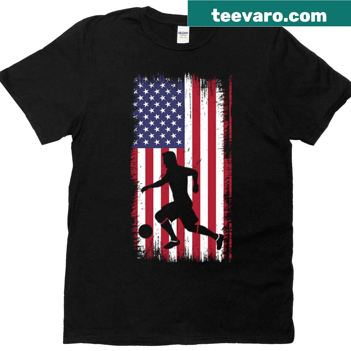 Silhouette of soccer player with American flag design — on a men's t-shirt