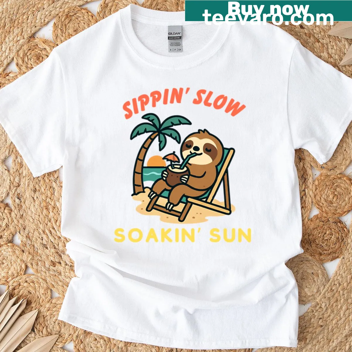 T-shirt with the phrase 'Sippin Slow Soakin Sun' and relaxing imagery — on a men's t-shirt