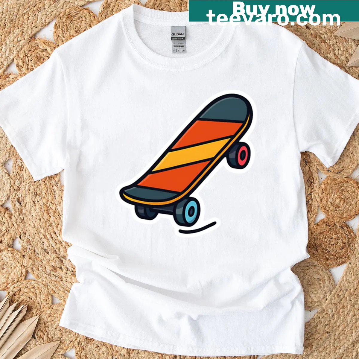Oversized t-shirt with a playful skateboard graphic featuring colorful wheels. — on a men's t-shirt
