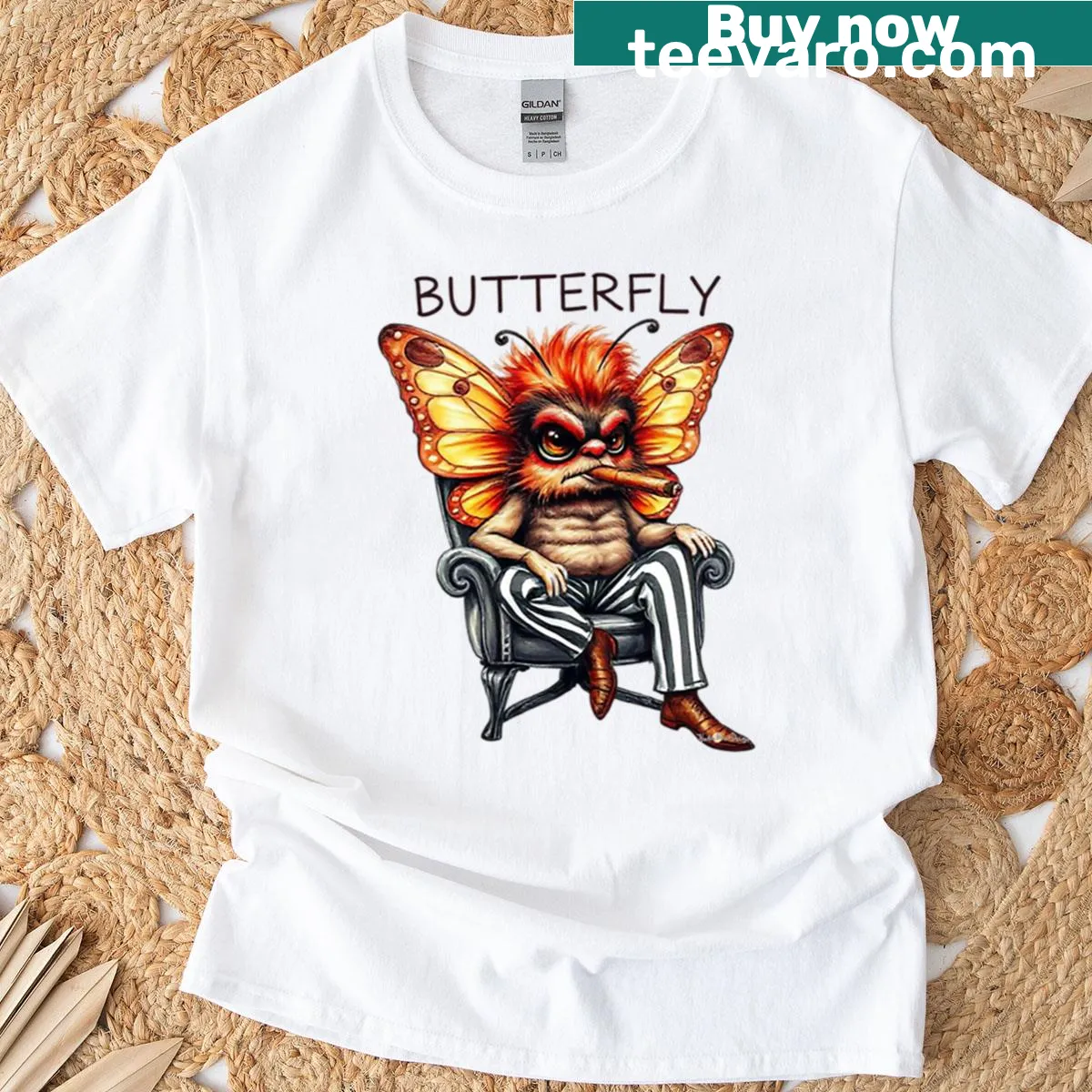 Oversized T-shirt featuring a smoking butterfly graphic by Nadia Russ — on a men's t-shirt