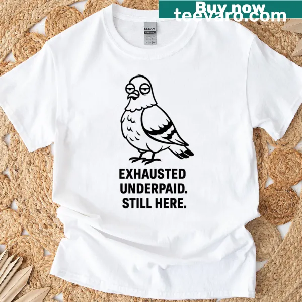 Cartoon graphic of a socially anxious pigeon on a t-shirt.