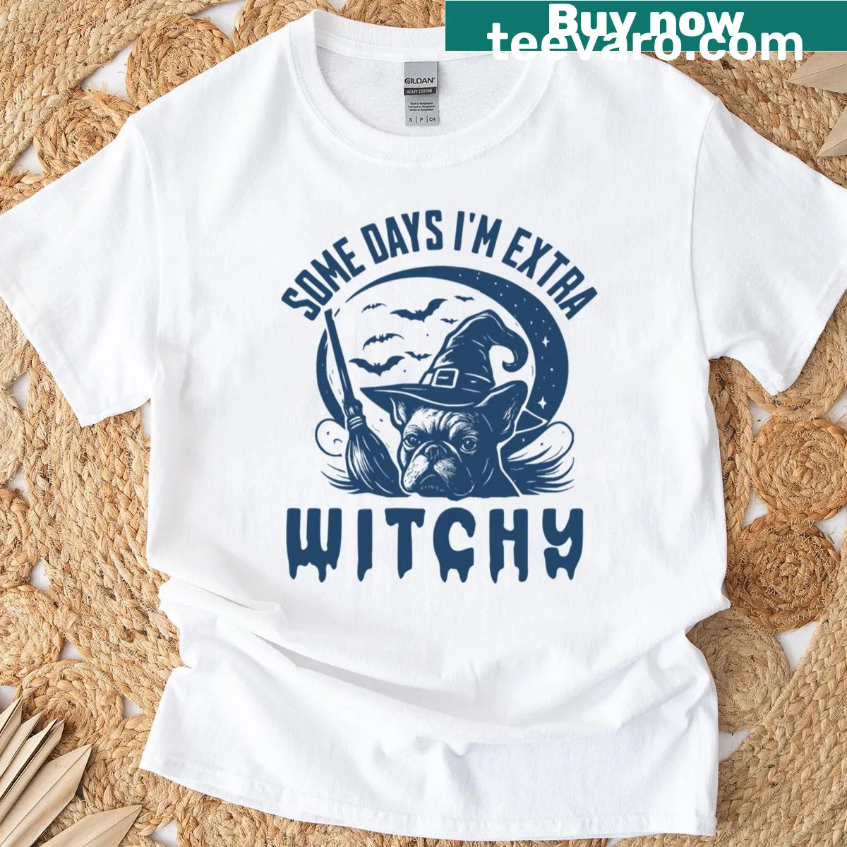 Cartoon French Bulldog in a witch hat with Halloween designs — on a men's t-shirt