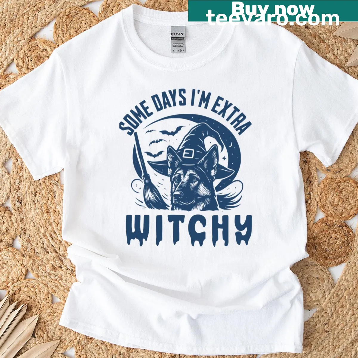 Cartoon German Shepherd in a witch hat with Halloween graphics — on a men's t-shirt