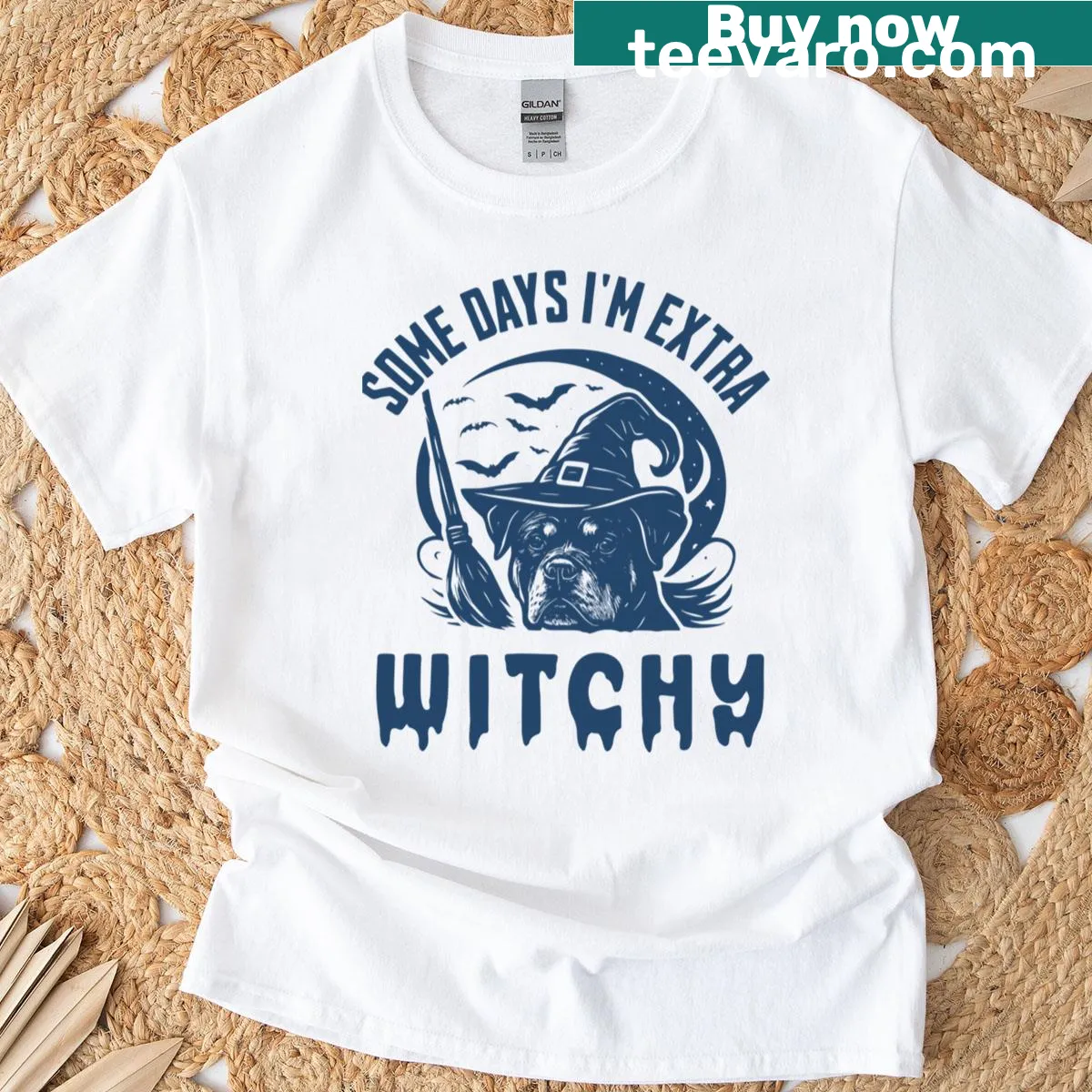 Halloween T-shirt with 'Some Days I'm Extra Witchy' Rottweiler graphic — on a men's t-shirt