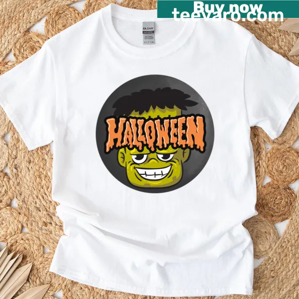Cute Frankenstein illustration on an oversized Halloween T-shirt.