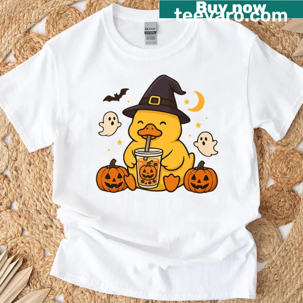 Cute Halloween T-shirt with a duck drinking bubble tea graphic