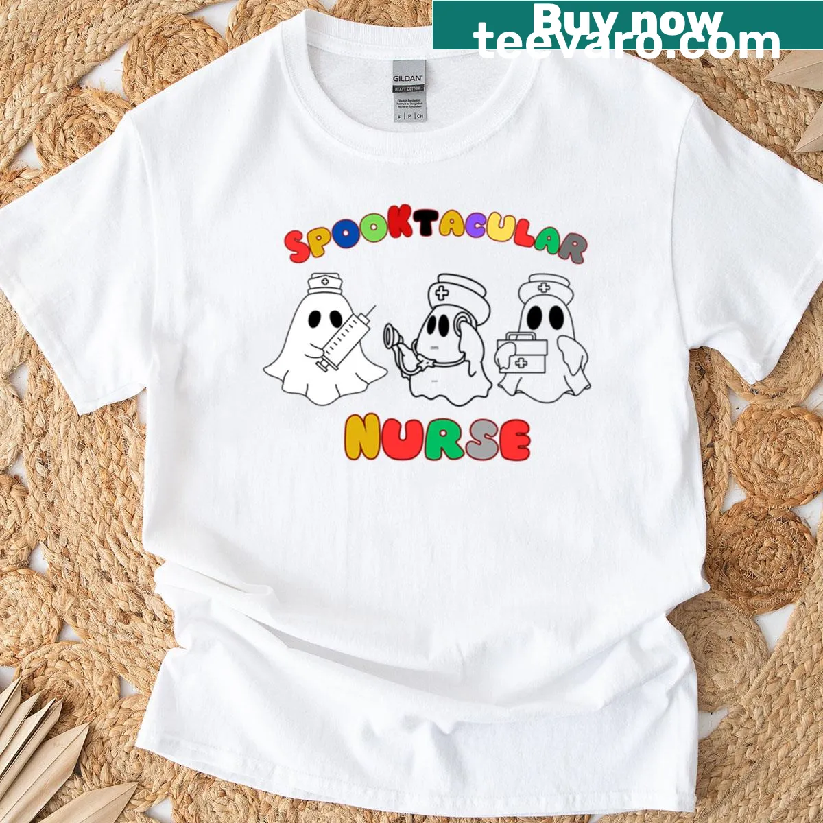 Adorable dancing ghost nurse graphic on t-shirt — on a men's t-shirt