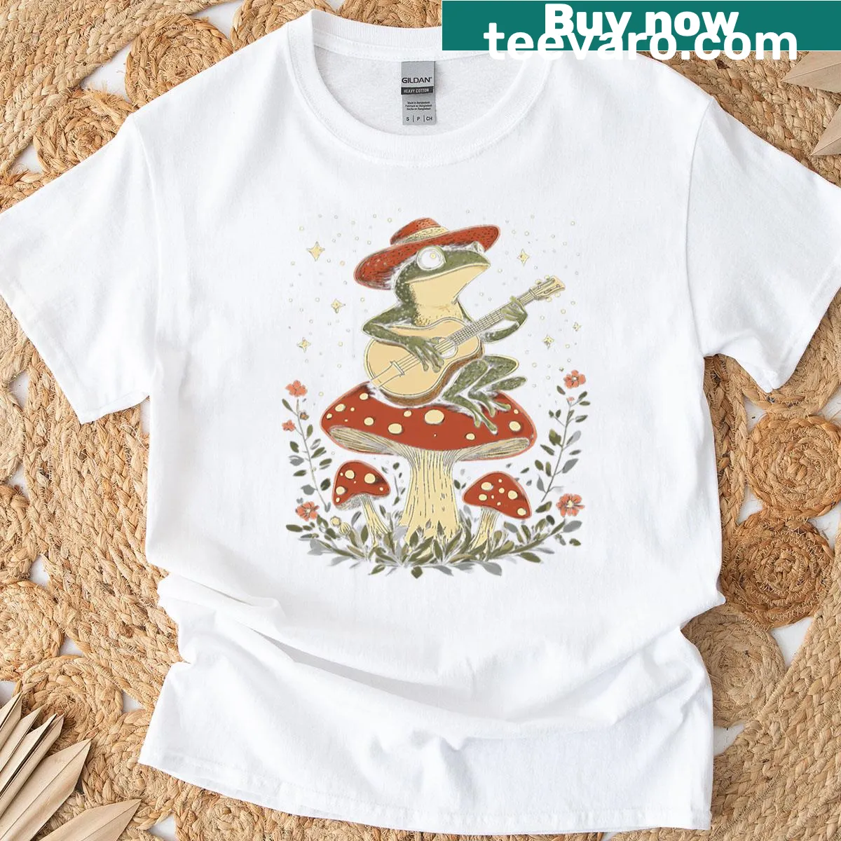 Retro frog design jumping against a sunset on a t-shirt — on a men's t-shirt