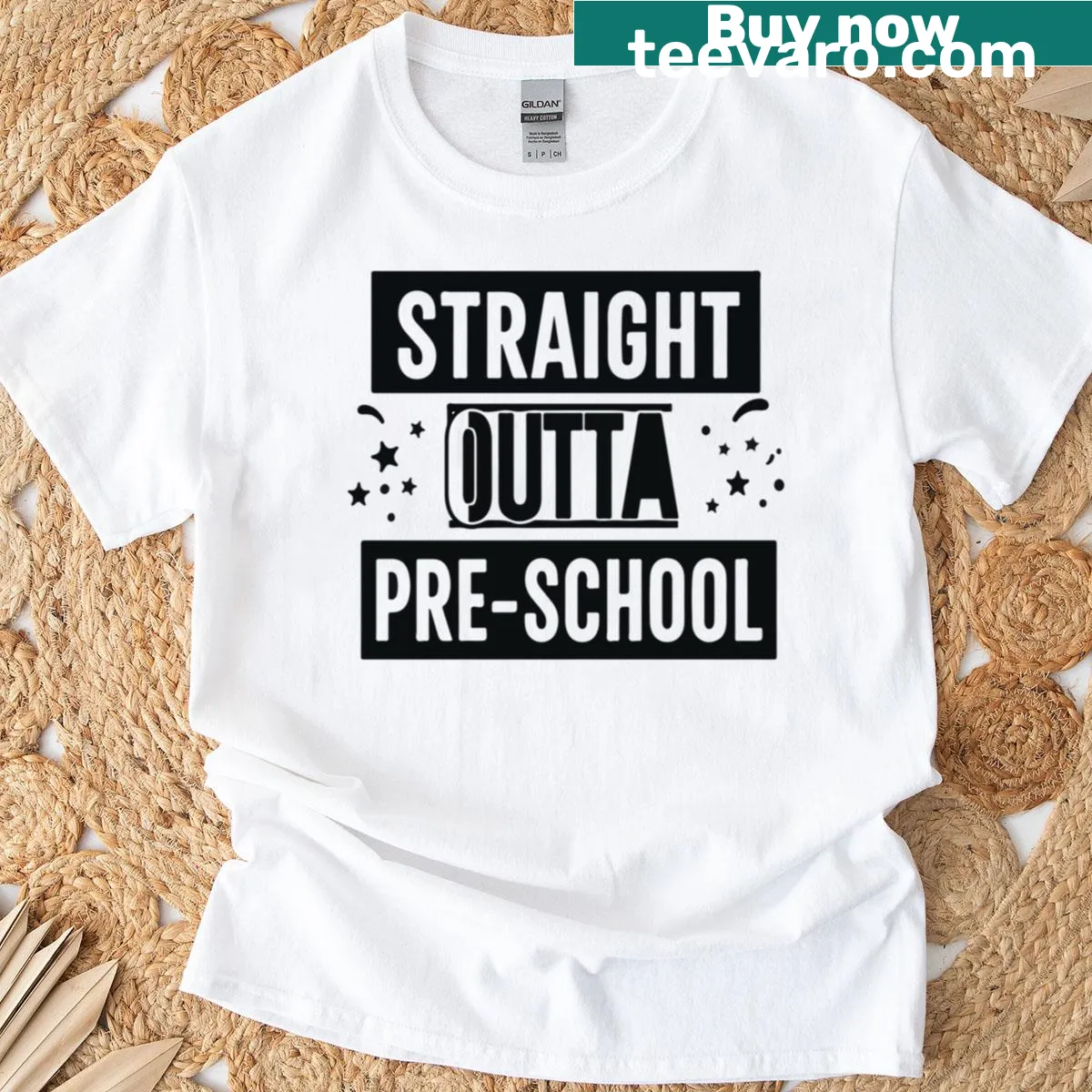 Funny preschool graduation t-shirt with 'Straight Outta Pre-school' text — on a men's t-shirt