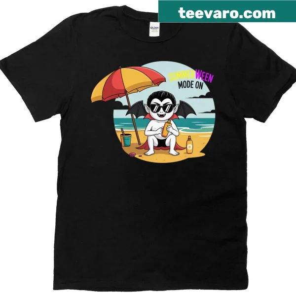 Summer-themed t-shirt with a whimsical vampire illustration.