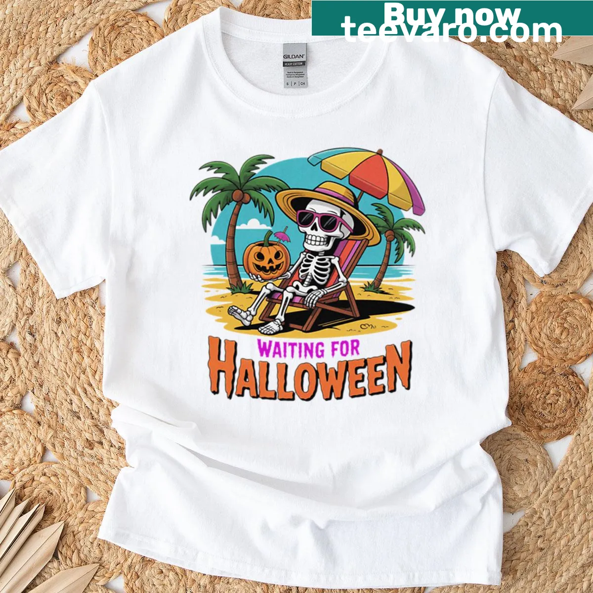 Skeleton waiting for Halloween design for Summerween T-shirt — on a men's t-shirt