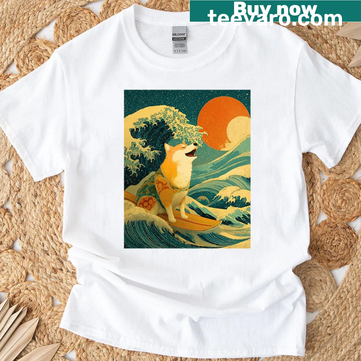 Vintage-style surfing Shiba Inu graphic on a premium t-shirt. — on a men's t-shirt