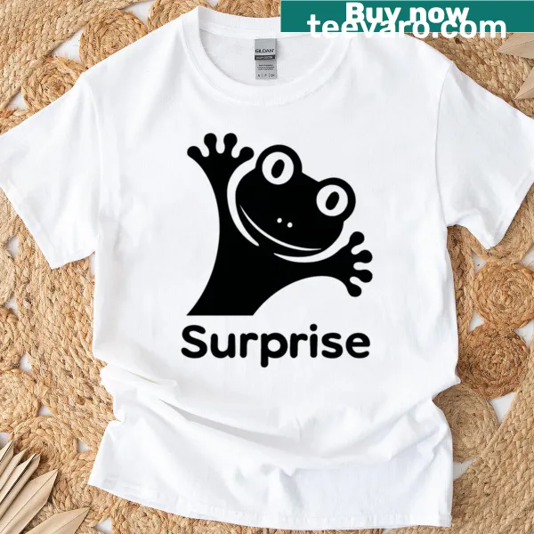 Cute cartoon t-shirt featuring a surprised frog