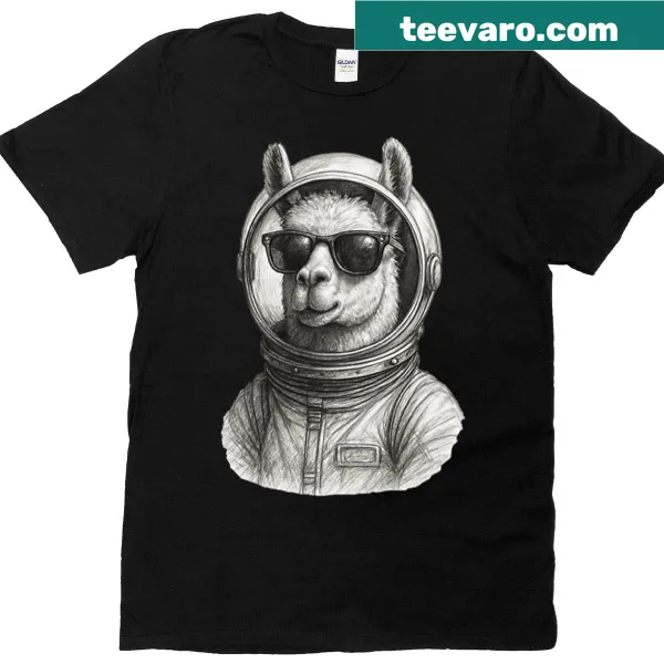 Surreal space llama graphic in a suit on a t-shirt.