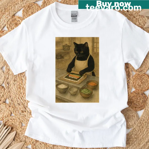 Surreal t-shirt featuring a sushi cat in whimsical style