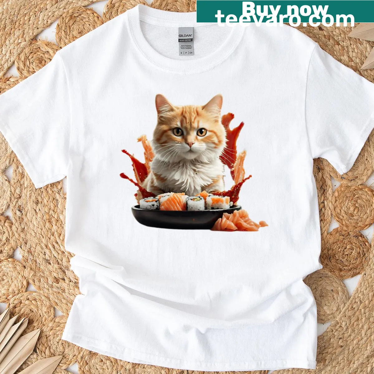 Oversized T-shirt featuring a cat chef with sushi design — on a men's t-shirt