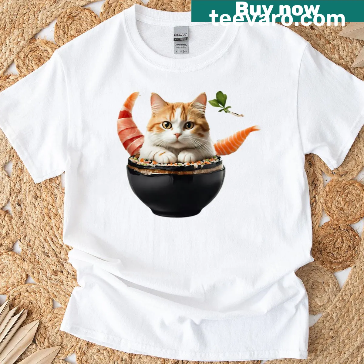 Playful cat gang design with sushi theme on a t-shirt — on a men's t-shirt