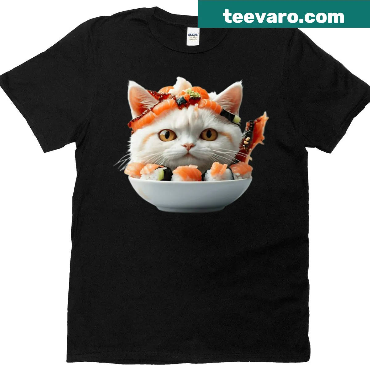 Sushi cat king illustration on a t-shirt — on a men's t-shirt