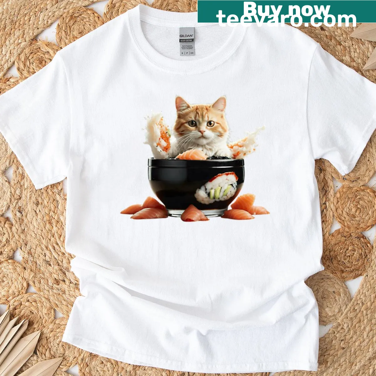 Oversized t-shirt with a cat guarding a sushi bowl from the Sushi Cat Gang Collection. — on a men's t-shirt