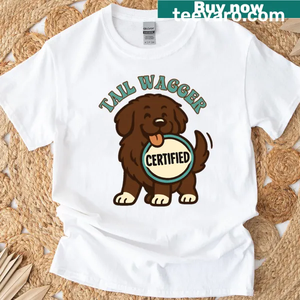 Cute dog illustration on a t-shirt with a 'Certified' label