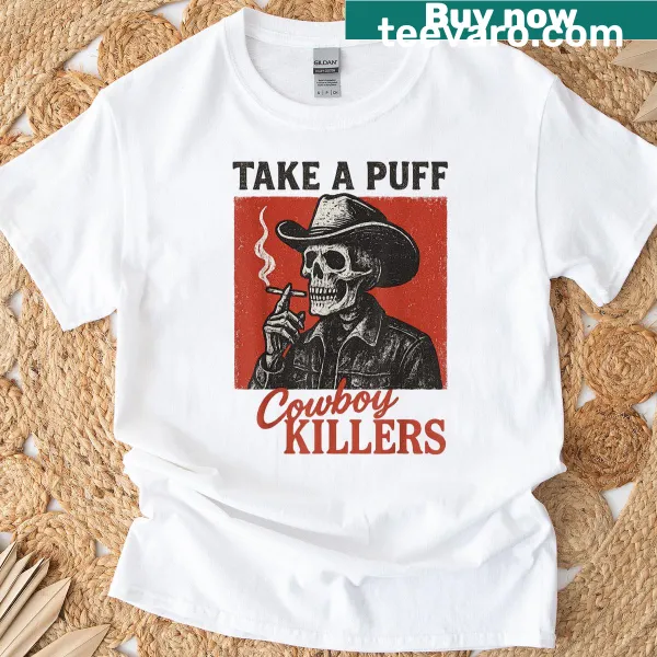 Vintage skeleton cowboy graphic on a distressed t-shirt