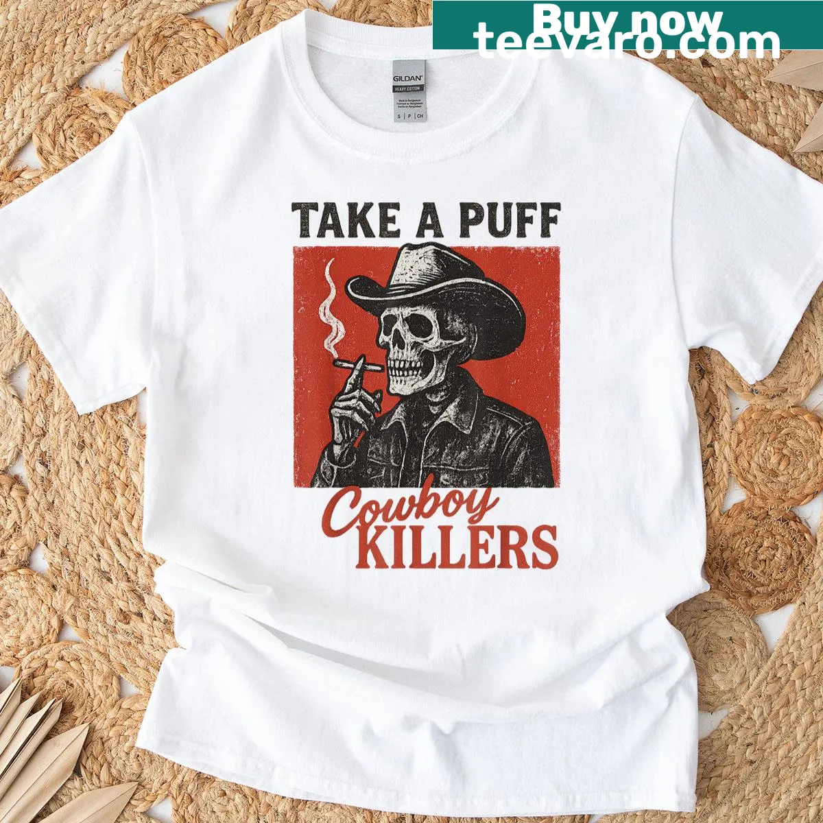 Vintage skeleton cowboy graphic on a distressed t-shirt — on a men's t-shirt