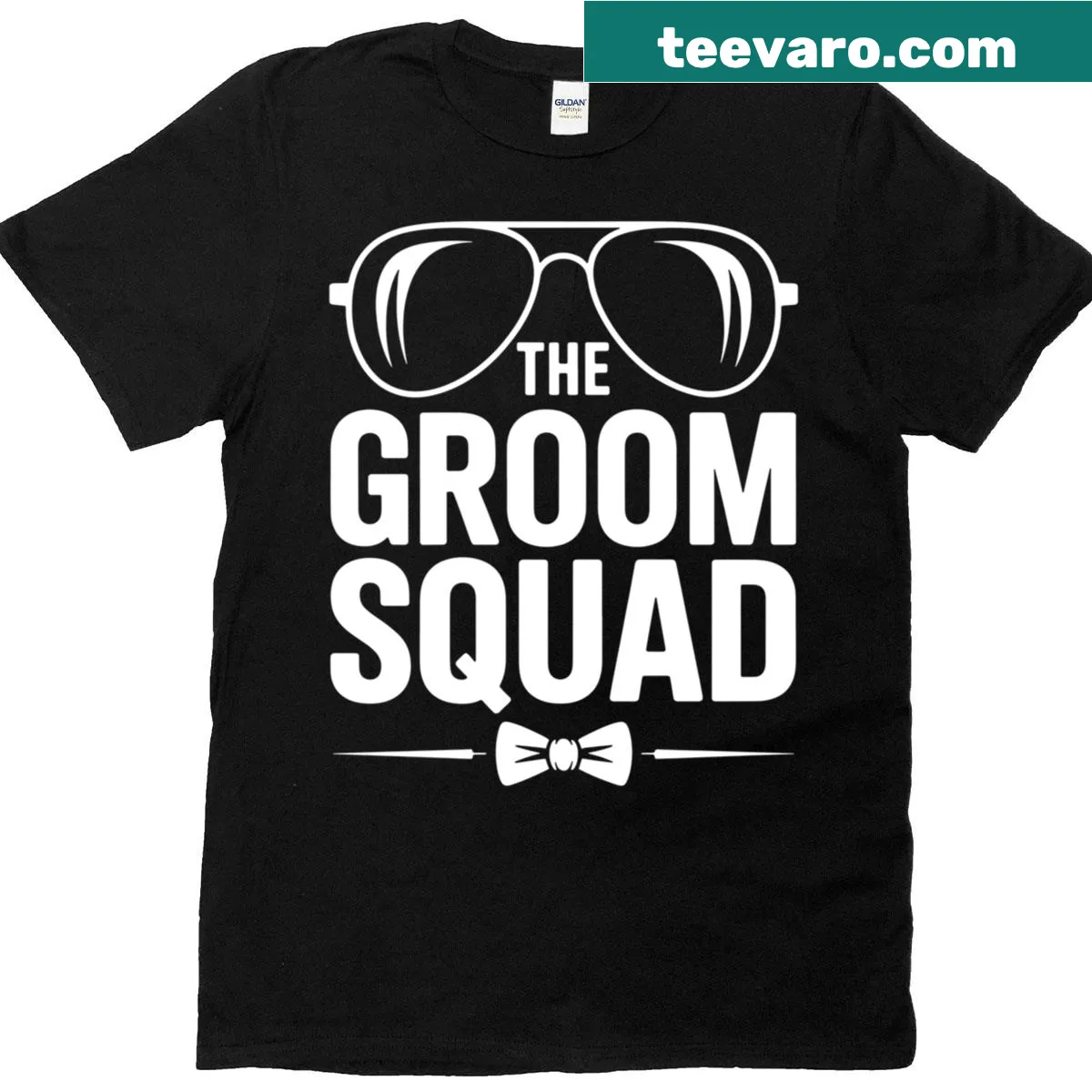 Text with sunglasses design stating 'The Groom Squad.' — on a men's t-shirt