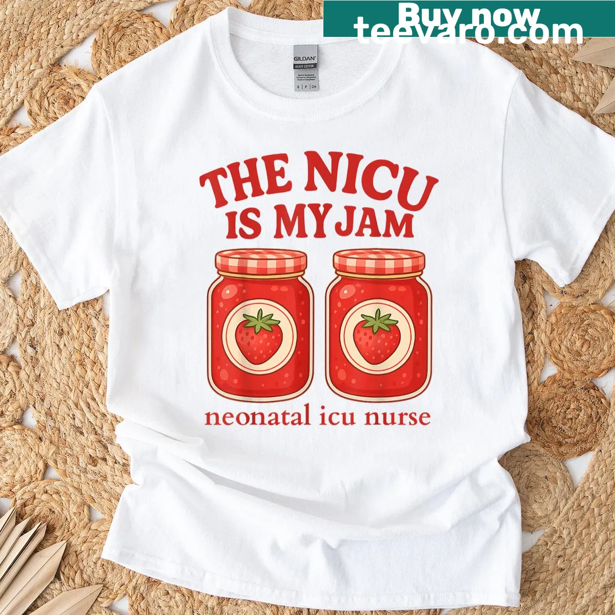 T-shirt featuring a playful phrase about NICU care with a strawberry graphic — on a men's t-shirt