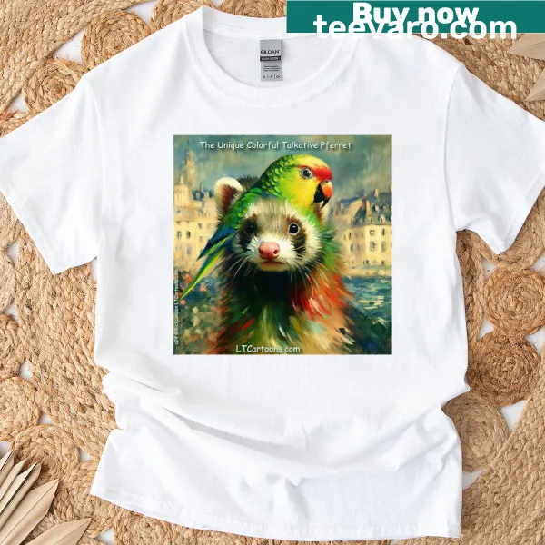 Cartoon mashup of a parrot and ferret on an oversized t-shirt