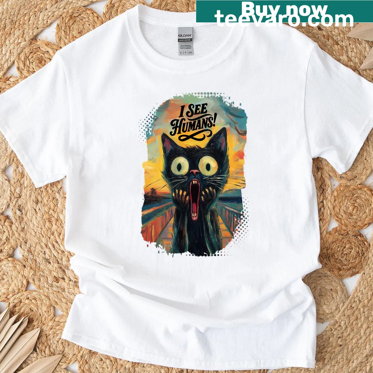 Oversized T-shirt featuring a cat-themed version of the iconic scream design — on a men's t-shirt