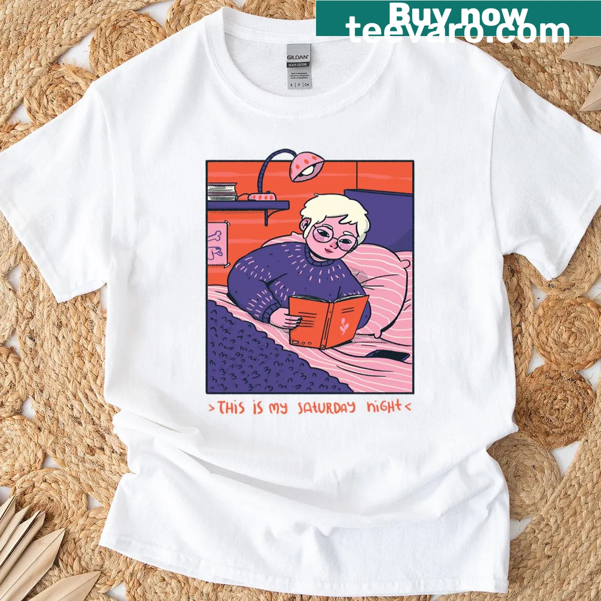 Cozy book lover t-shirt with a graphic of books and cozy elements — on a men's t-shirt