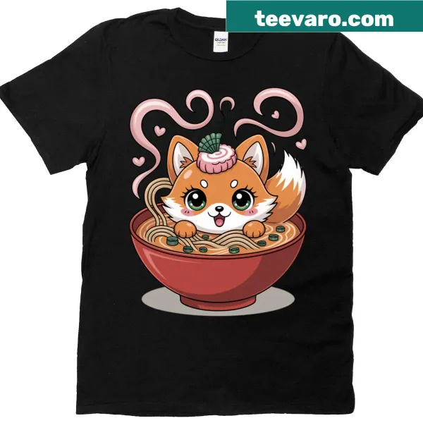 Illustration of a tiny kitsune in a ramen bowl on a t-shirt