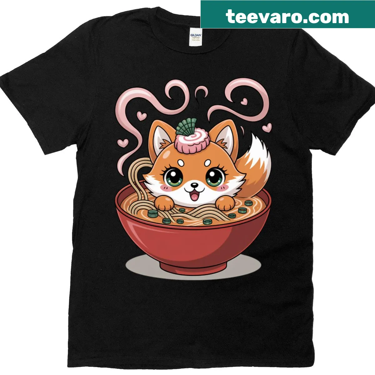 Illustration of a tiny kitsune in a ramen bowl on a t-shirt — on a men's t-shirt