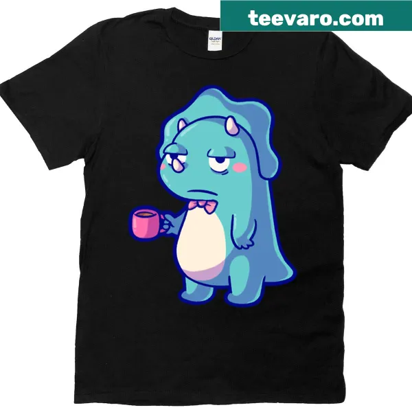 Funny t-shirt featuring a tired dinosaur triceratops with coffee mug