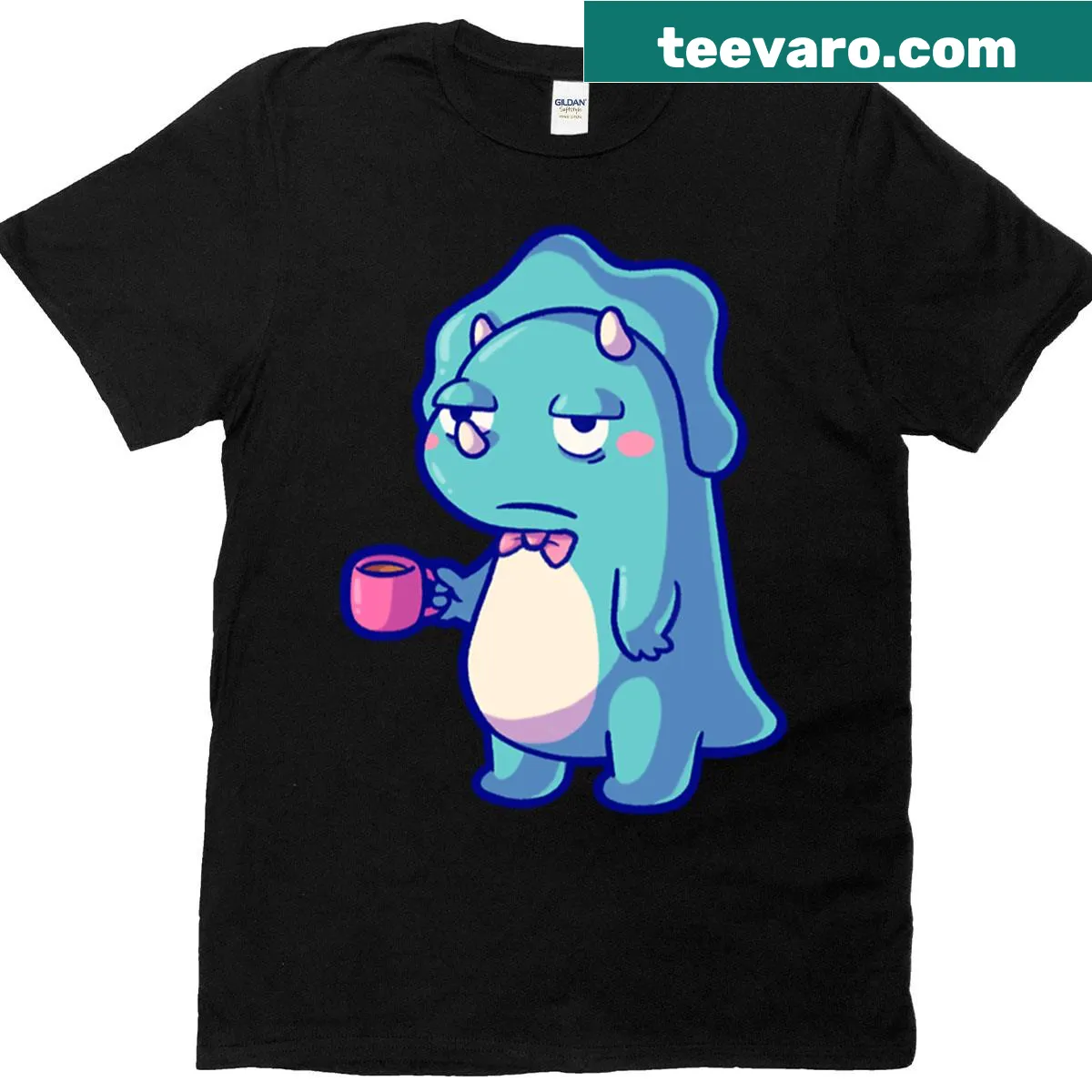 Funny t-shirt featuring a tired dinosaur triceratops with coffee mug — on a men's t-shirt