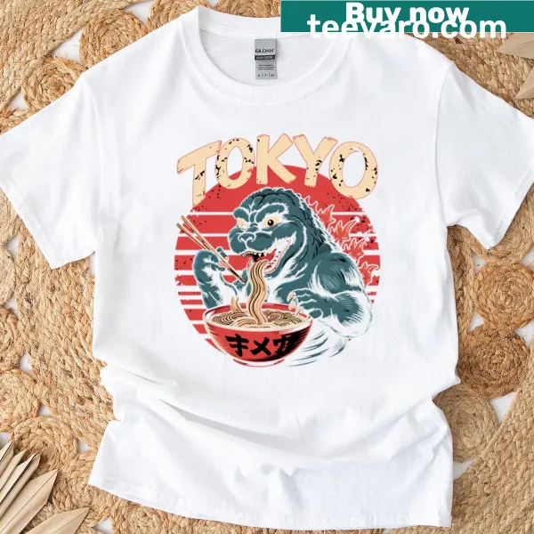 Cartoon dinosaur eating ramen in Tokyo on a t-shirt