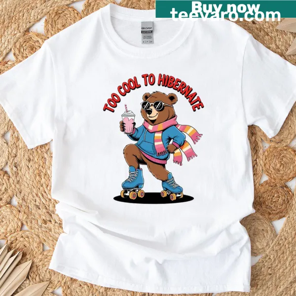 Cartoon bear roller-skating T-shirt design, humorous vibe