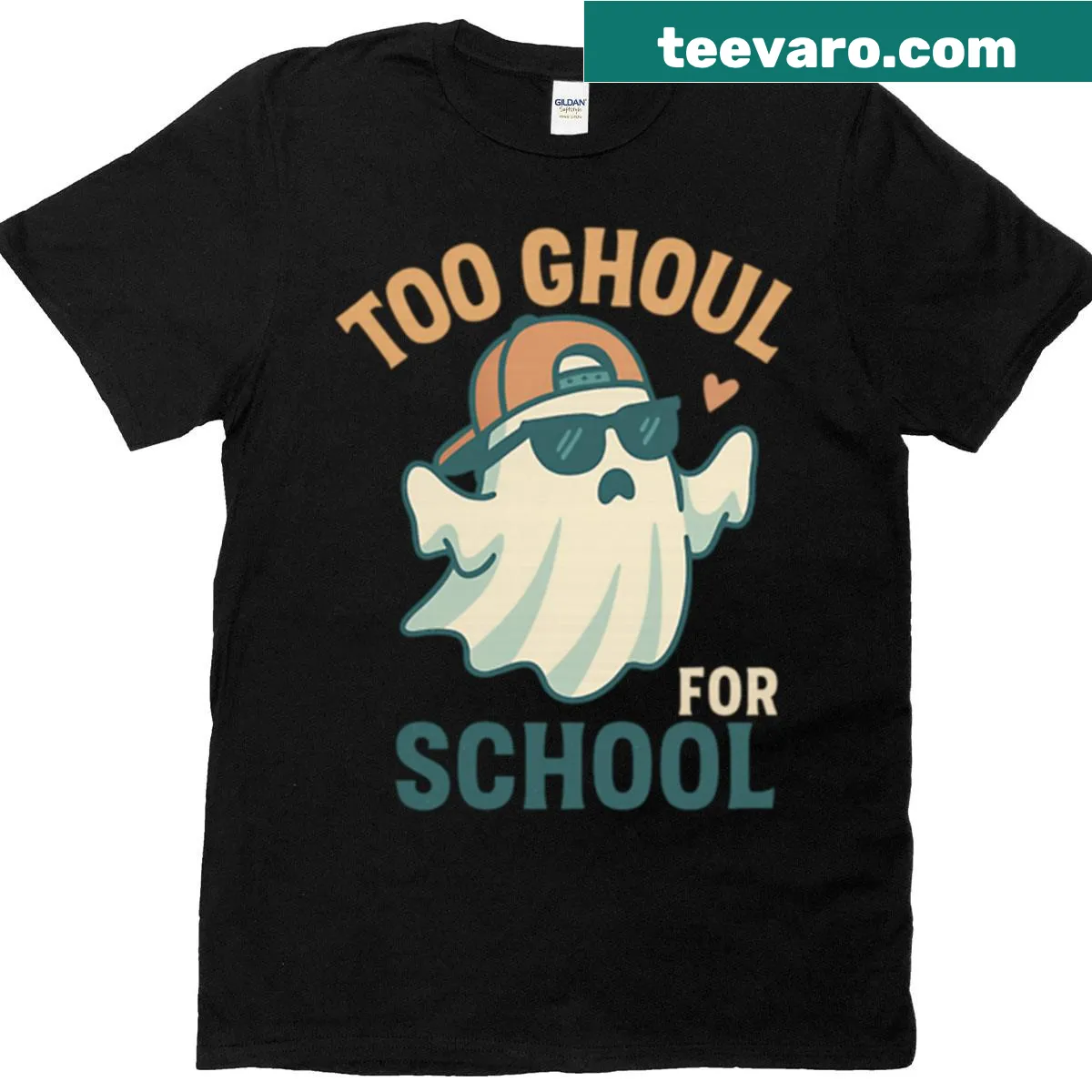 Humorous t-shirt with the phrase 'Too Ghoul For School' in spooky typography — on a men's t-shirt