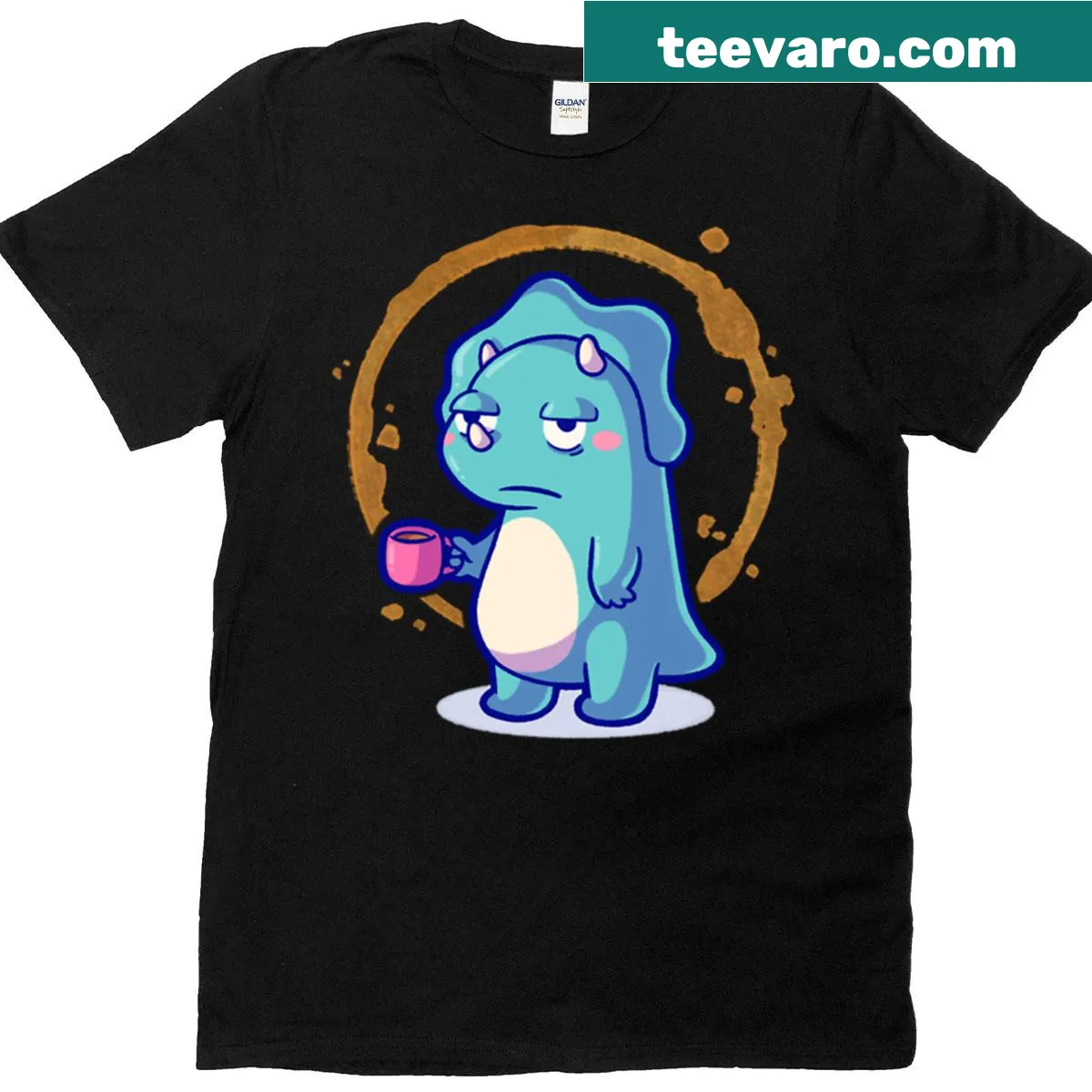 Cute Triceratops dinosaur with a coffee mug, looking exhausted — on a men's t-shirt