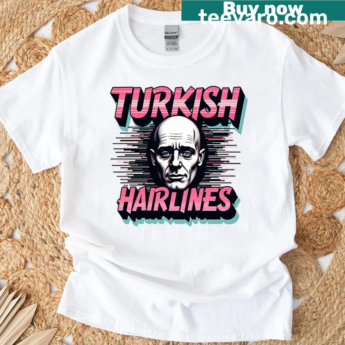 Bold retro Turkish Hairlines Meme design on tee — on a men's t-shirt