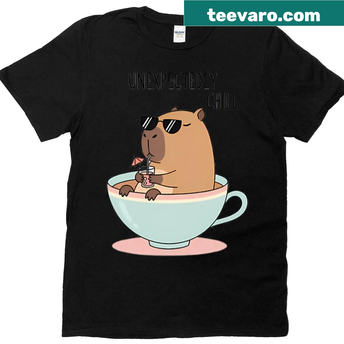 Cute capybara in a tea cup graphic t-shirt promoting relaxed vibes — on a men's t-shirt