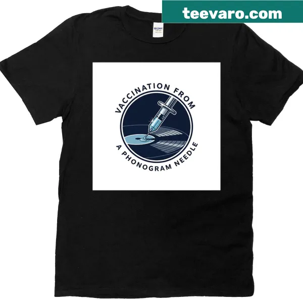 Vaccination and phonogram needle graphic on a t-shirt