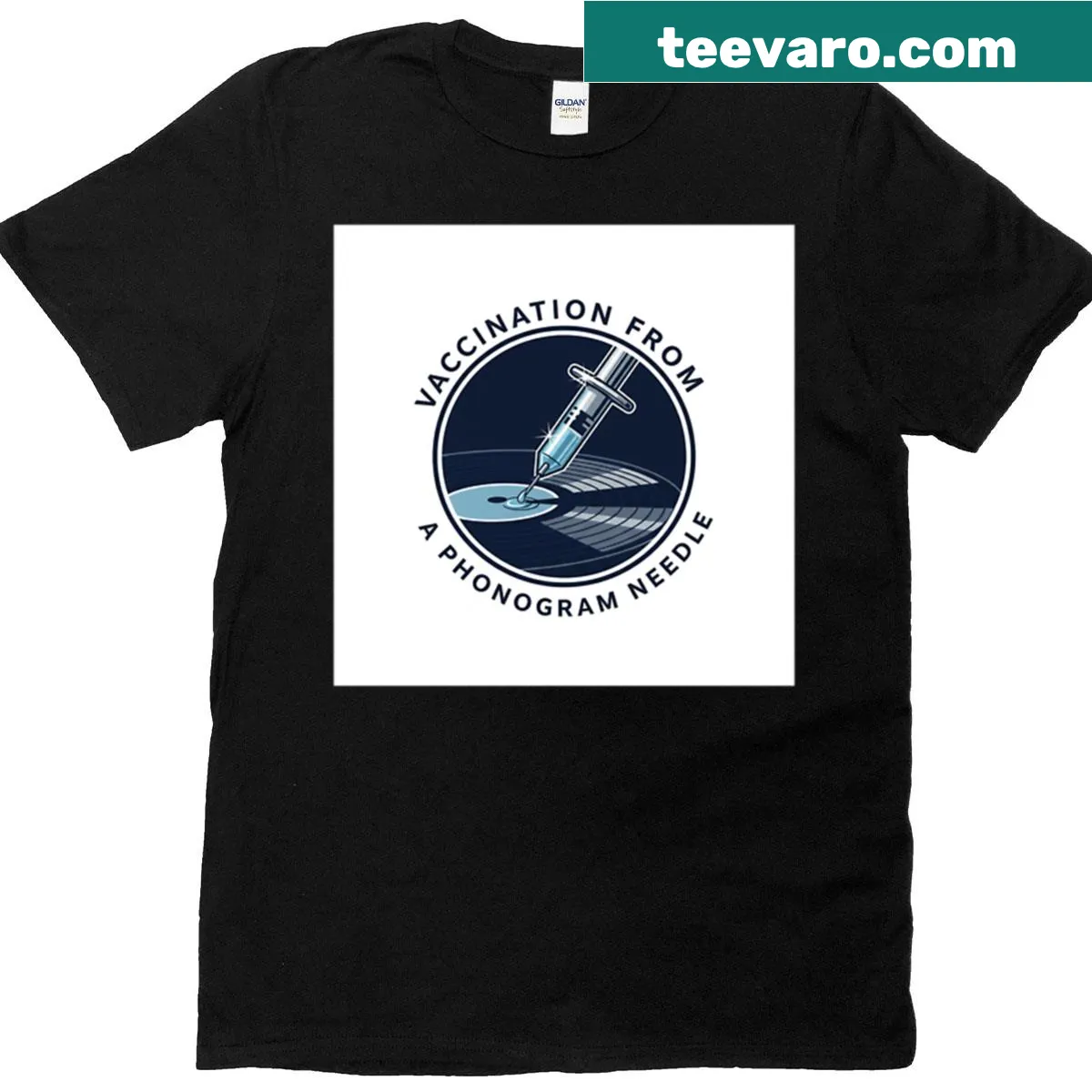 Vaccination and phonogram needle graphic on a t-shirt — on a men's t-shirt