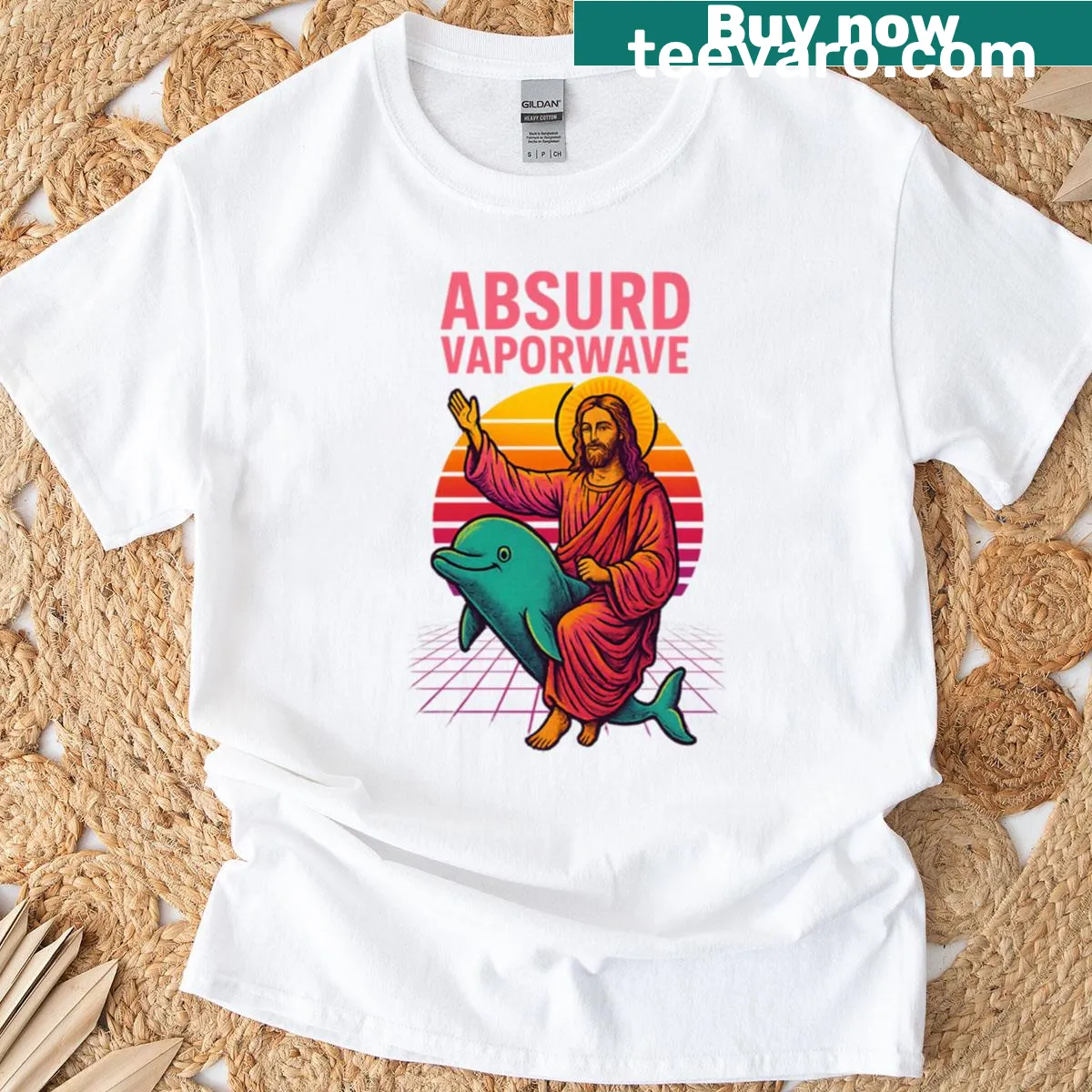 Vaporwave T-shirt with Jesus on a dolphin in a neon sunset — on a men's t-shirt