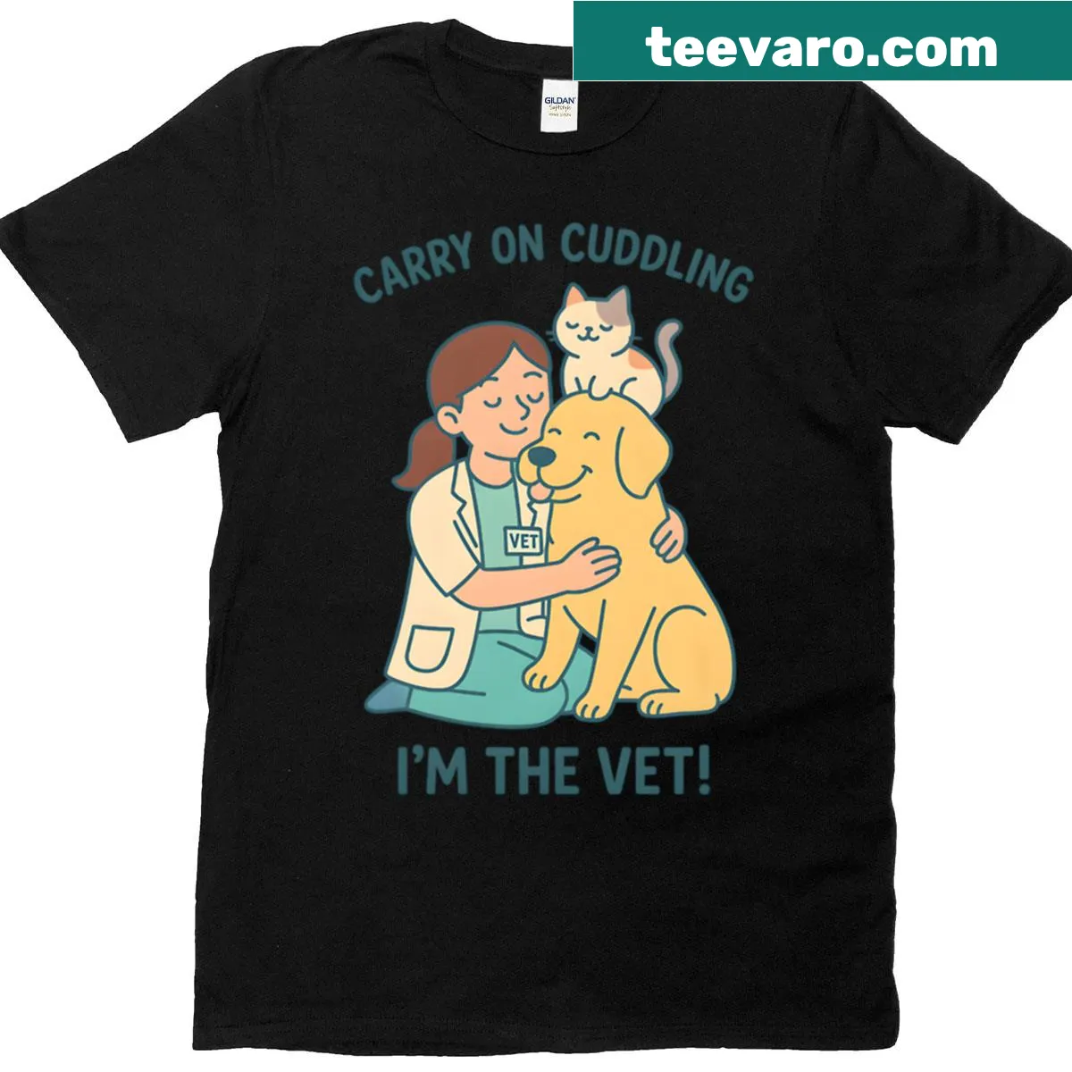 Vet-themed oversized t-shirt with cuddling message — on a men's t-shirt